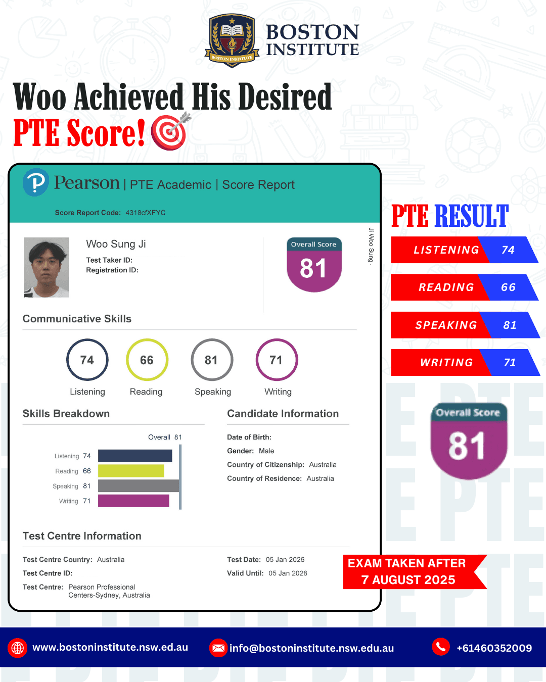 Woo Sung Ji PTE Score Report