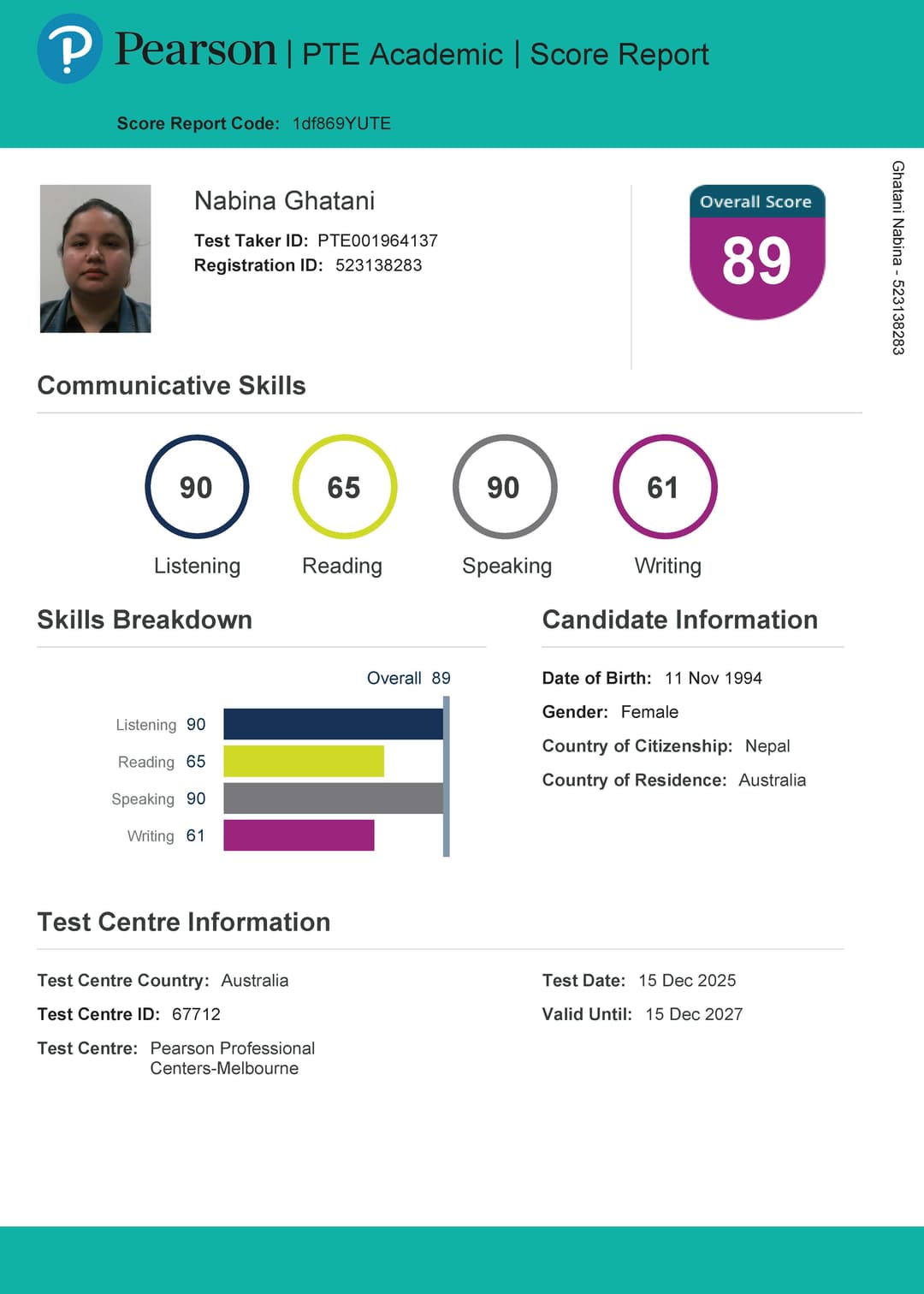 Nabina Ghatani PTE Score Report